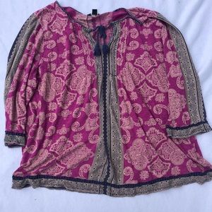 Lucky Brand Boho Paisley Pink Blue Tassel Tie Pullover 3X